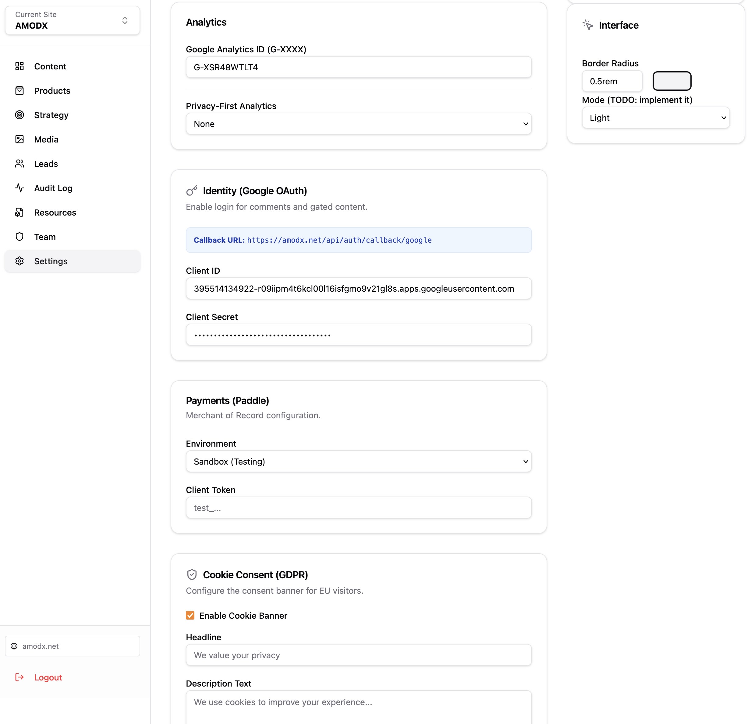 AMODX Settings Integrations